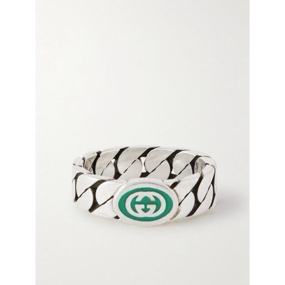 NEW GUCCI INTERLOCKING RING SILVER GG LOGO GREEN Chain Sz 20 IT 9 US Enamel - Picture 3 of 6